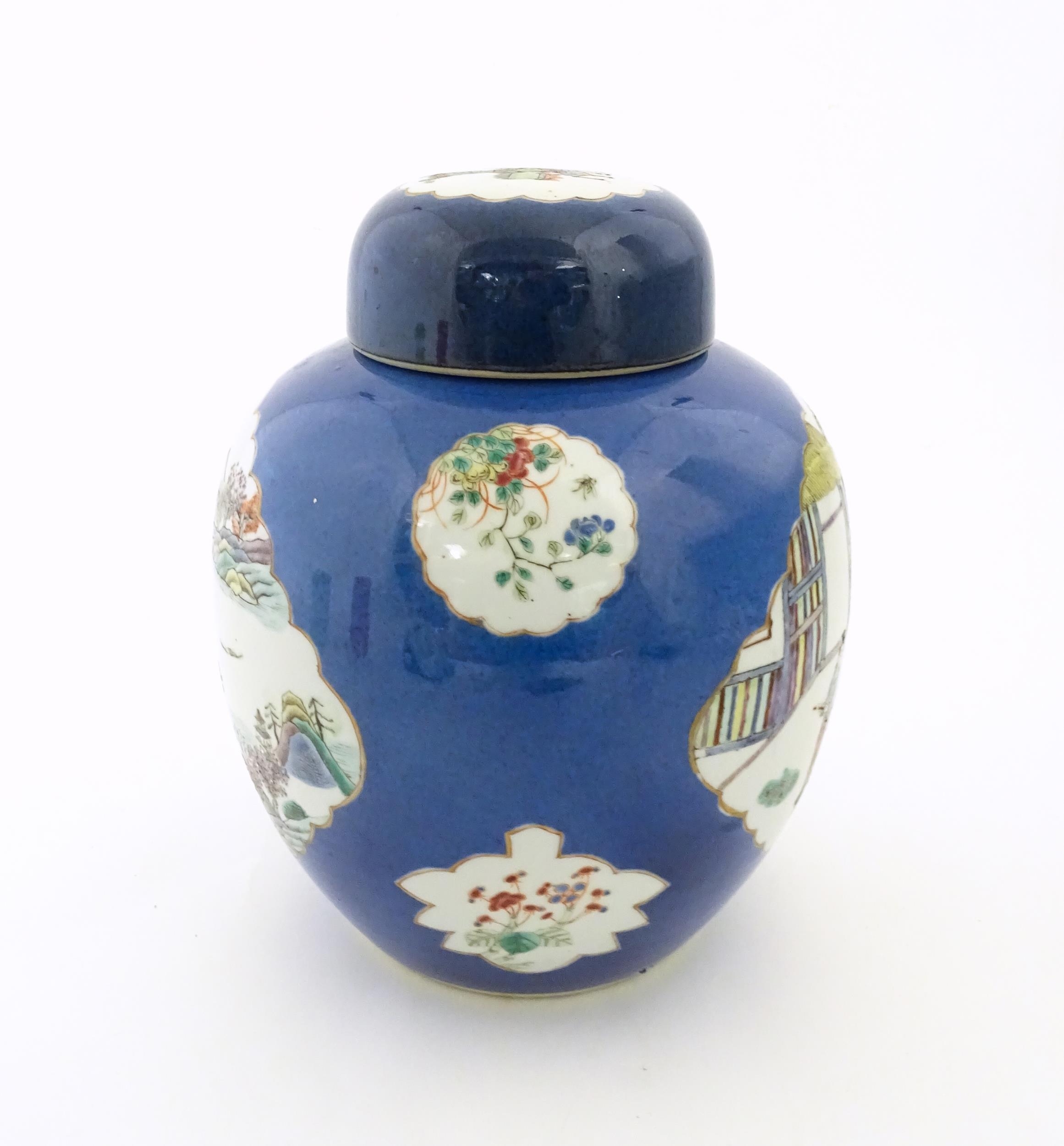 A Chinese famille verte ginger jar with a blue ground decorated with figures weaving at a loom and a - Image 6 of 8