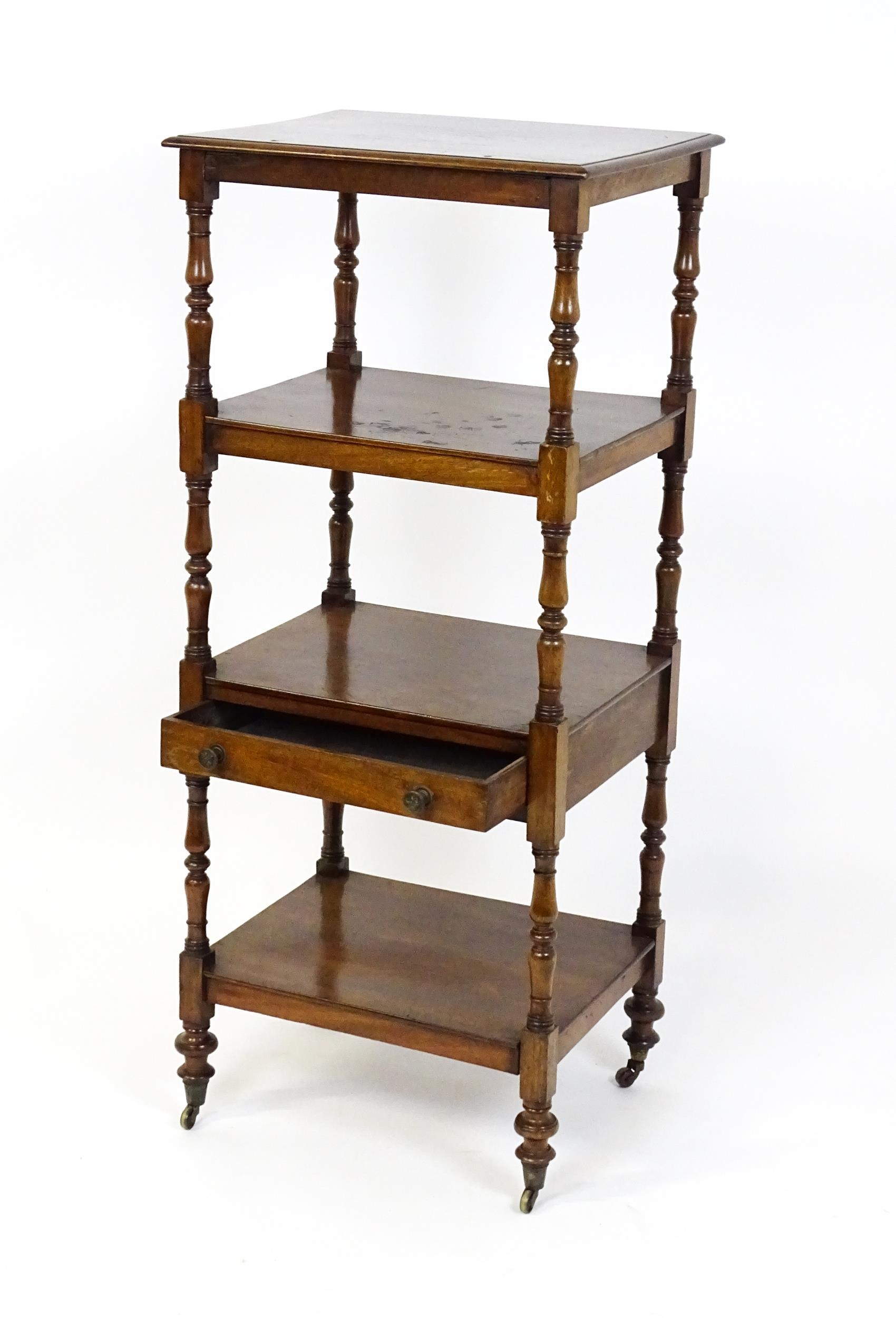 A 19thC mahogany four tier whatnot with the top tier having an adjustable tilt top, the tiers raised - Image 5 of 5
