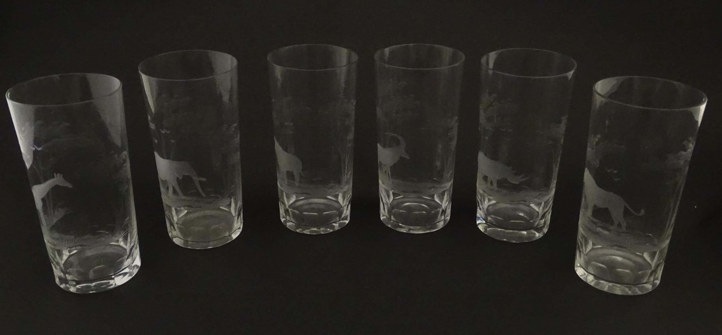Six Rowland Ward highball glasses with engraved Safari animal detail. Unsigned. Approx. 5 1/2" - Image 3 of 17