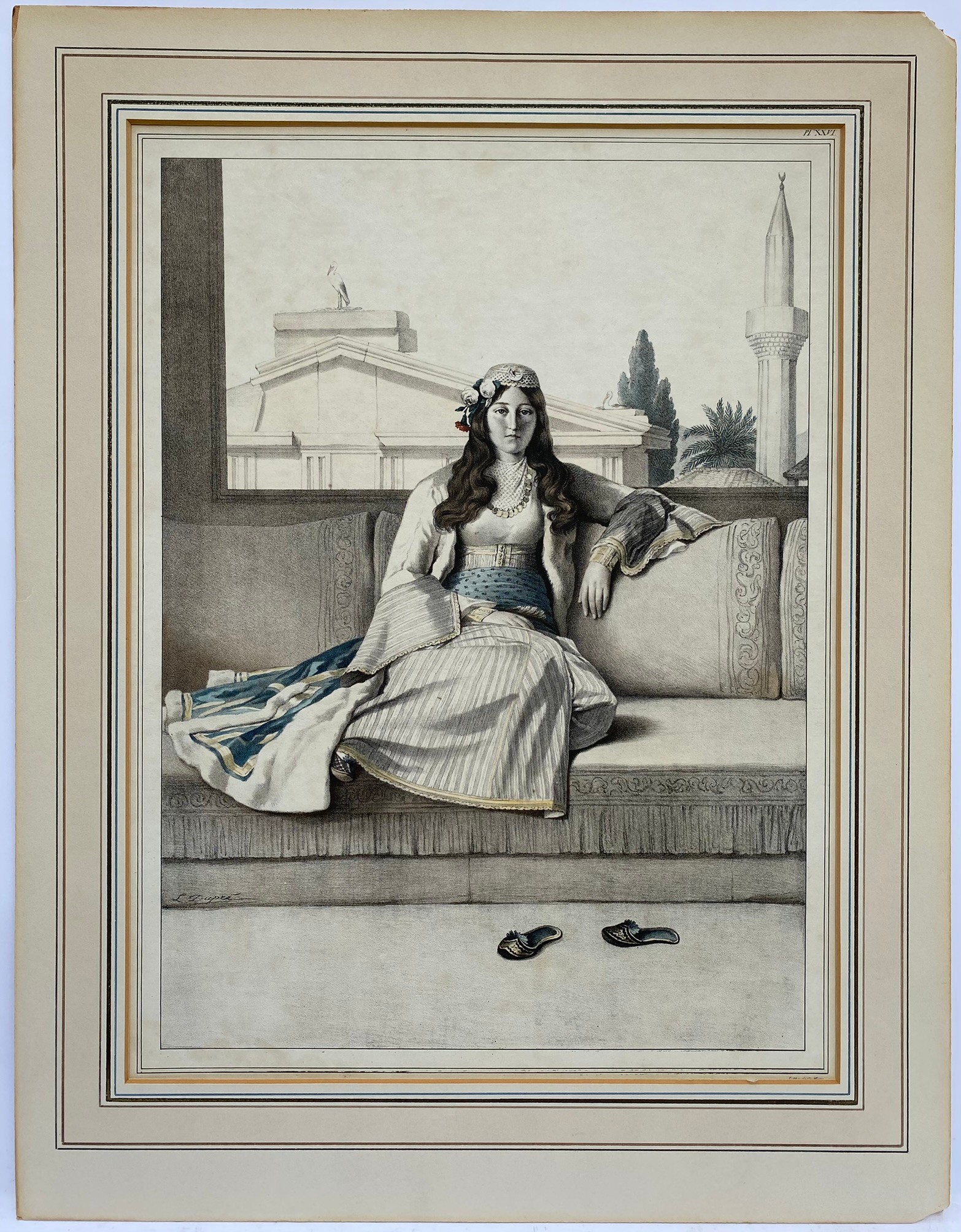 Louis Dupre (1789-1837), Original lithograph hand coloured with watercolour, Une Athenienne / An