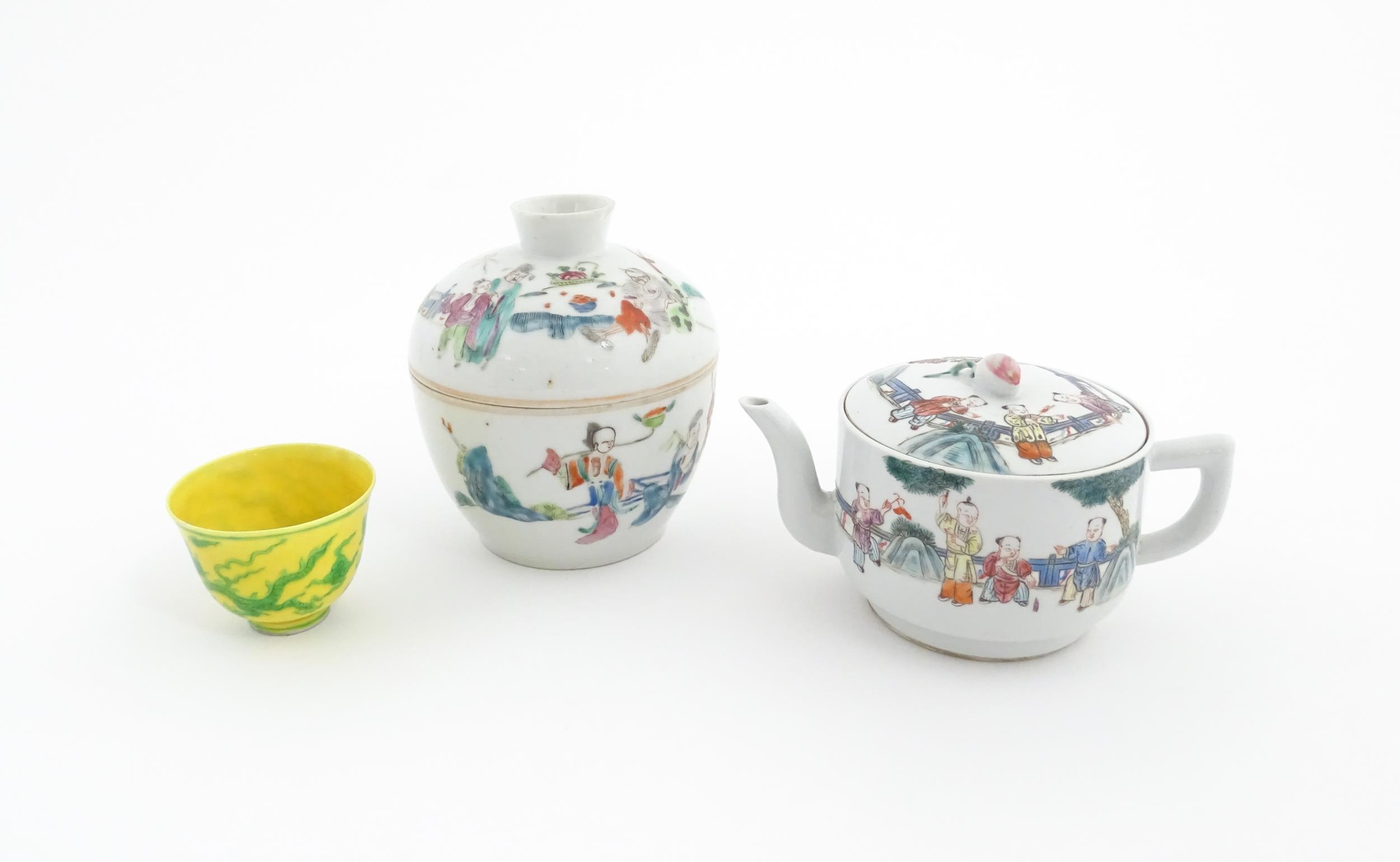 Three Chinese items comprising a famille rose pot and cover decorated with figures, a teapot - Image 4 of 14