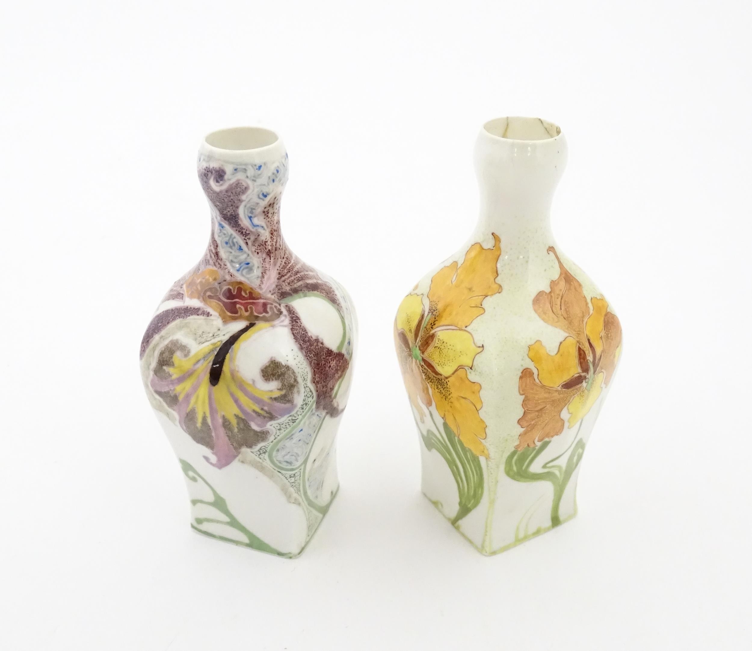 Two Rozenburg eggshell porcelain vases, one decorated with purple flowers, the other with orange - Image 4 of 8