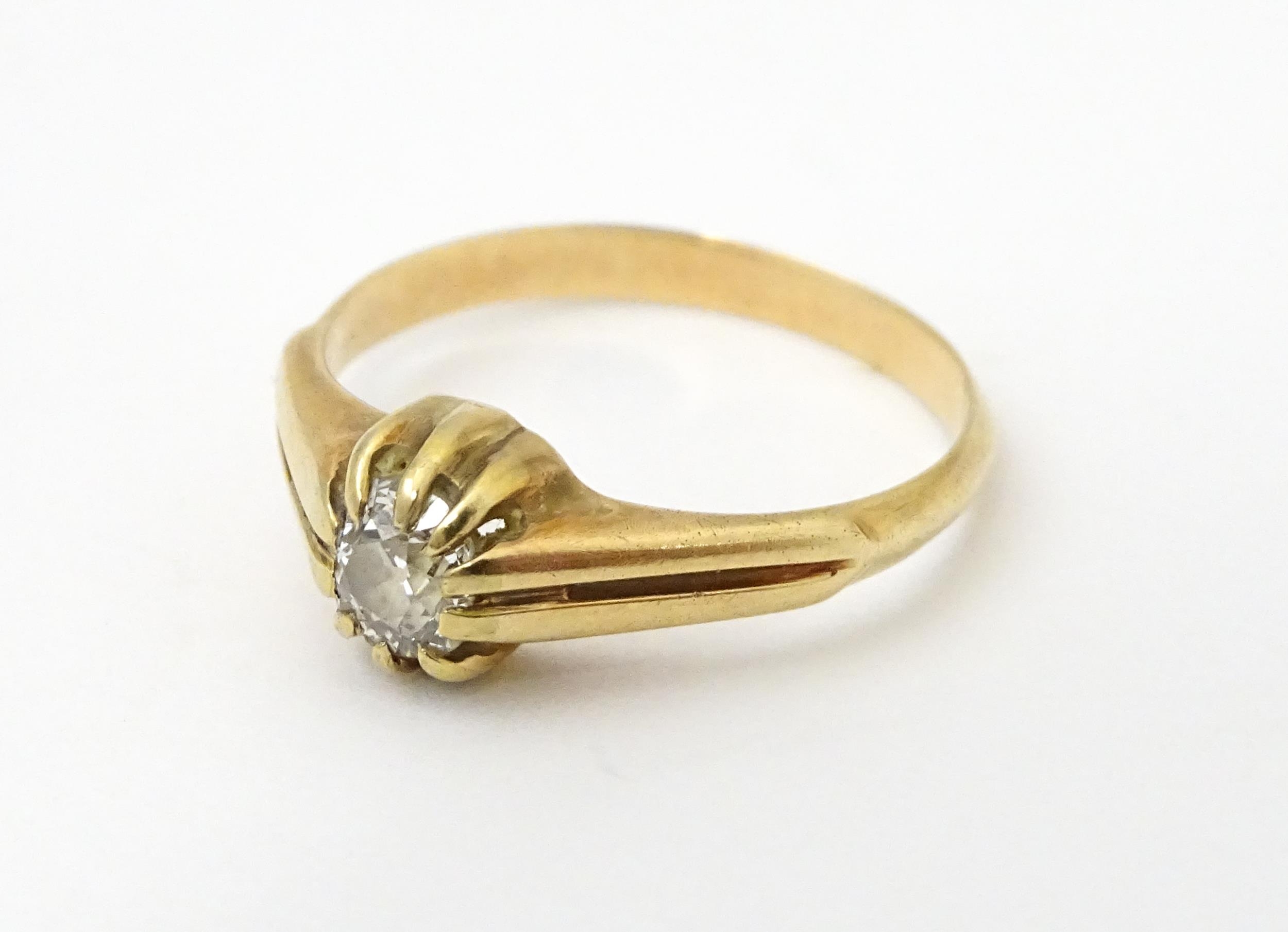 A gold ring set with diamond solitaire. Ring size approx. M Please Note - we do not make reference - Image 3 of 6