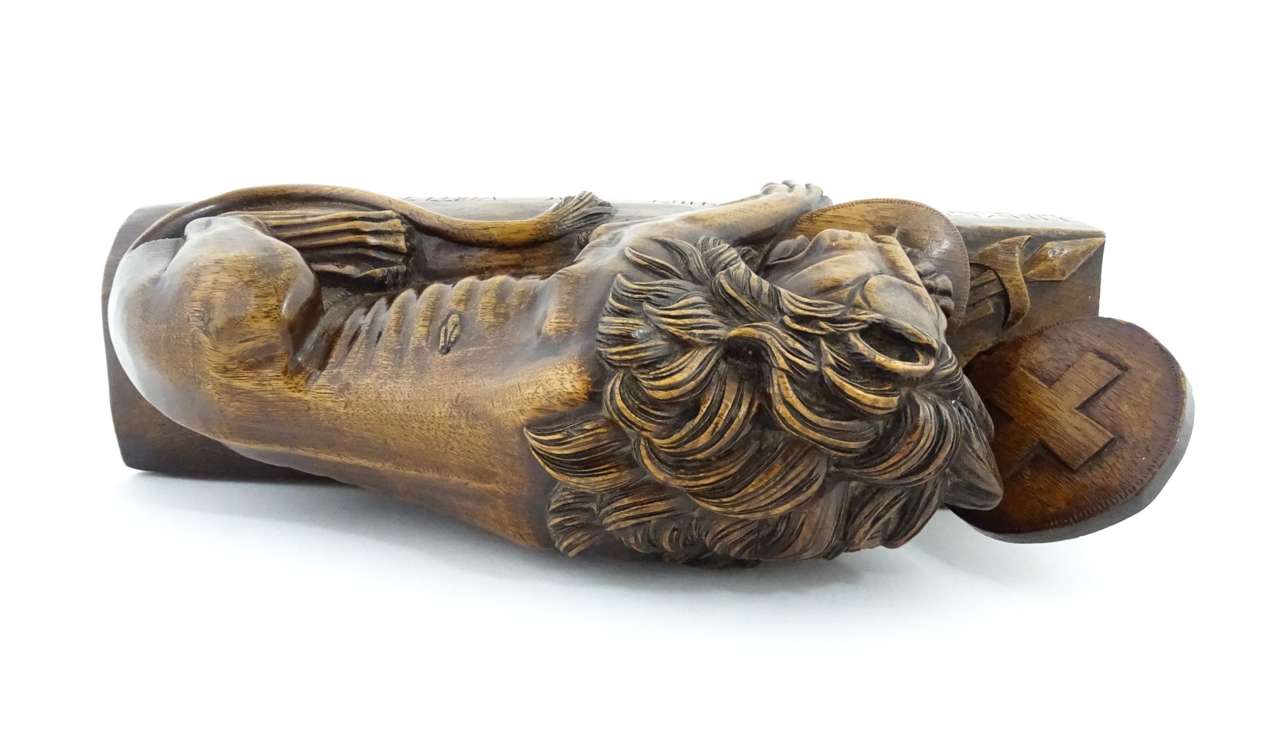 A late 19thC carved walnut model of the Lion of Lucerne after Bertel Thorvaldsen, inscribed - Image 6 of 7