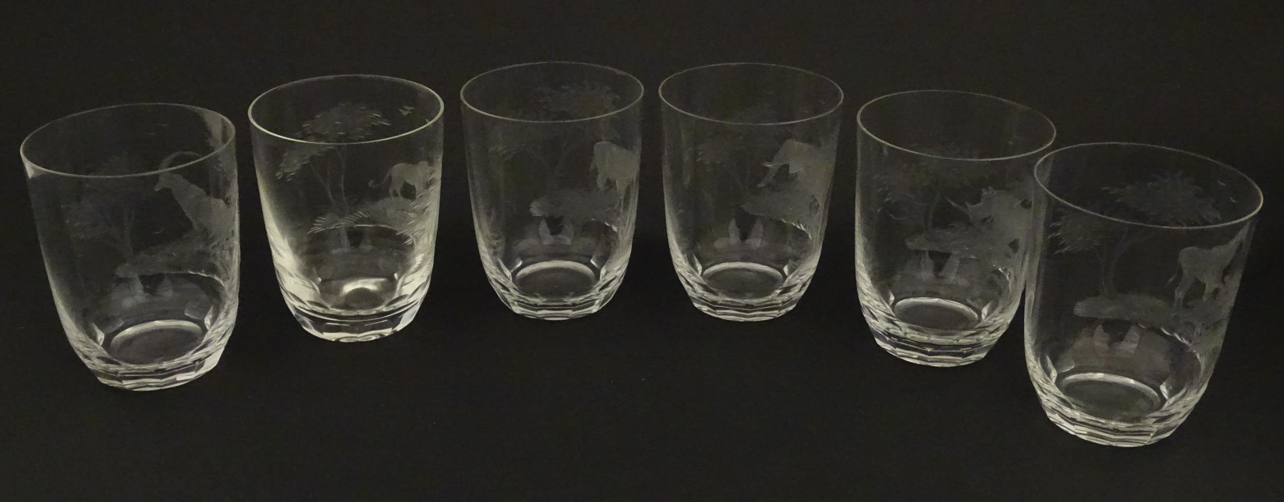 Six Rowland Ward tumbler glasses with engraved Safari animal detail. Unsigned Approx. 3 3/4" high ( - Image 11 of 13