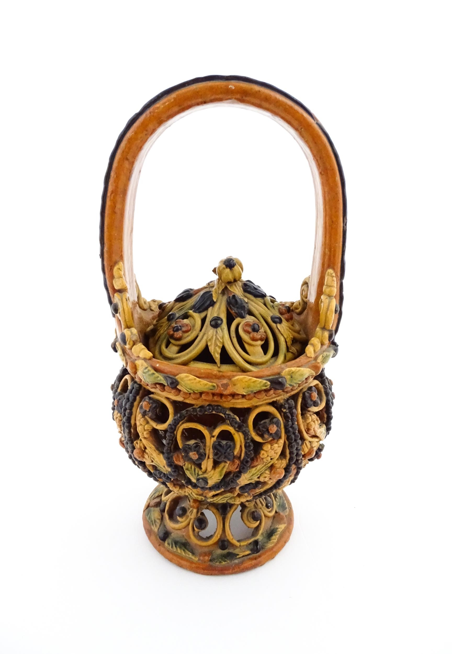 A Continental earthenware fire / charcoal basket in the Flemish style / pot pourri with openwork - Image 4 of 6