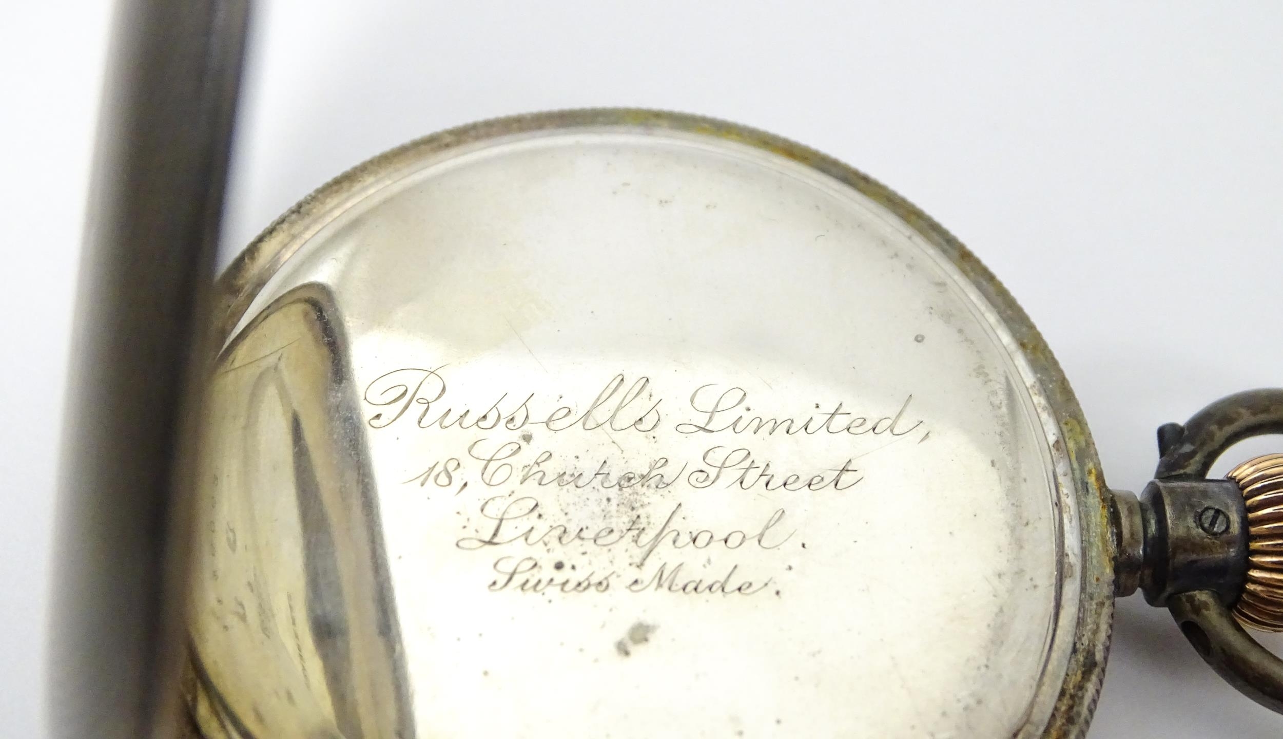 A Swiss silver hunter pocket watch with white enamel dial and subsidiary seconds dial. Engraved - Image 9 of 16