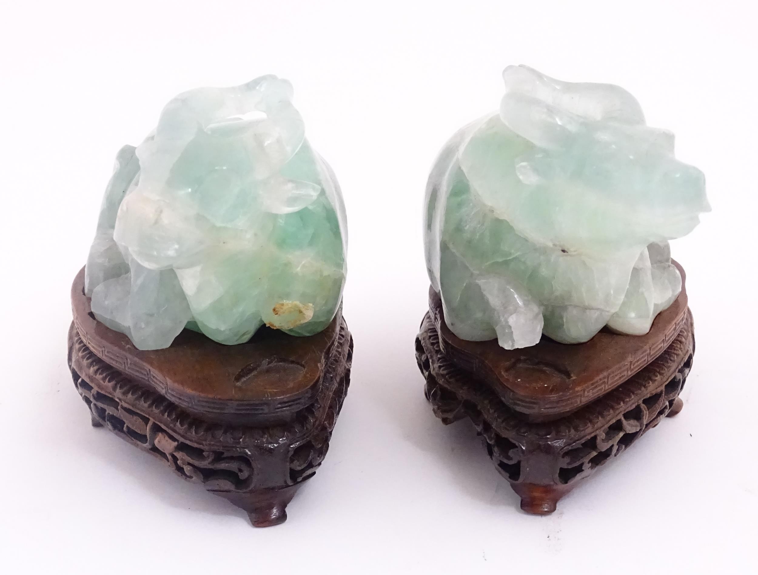 Two Chinese carved green fluorite models of recumbent buffalo, on wooden stands. Approx. 5" wide (2) - Image 4 of 7