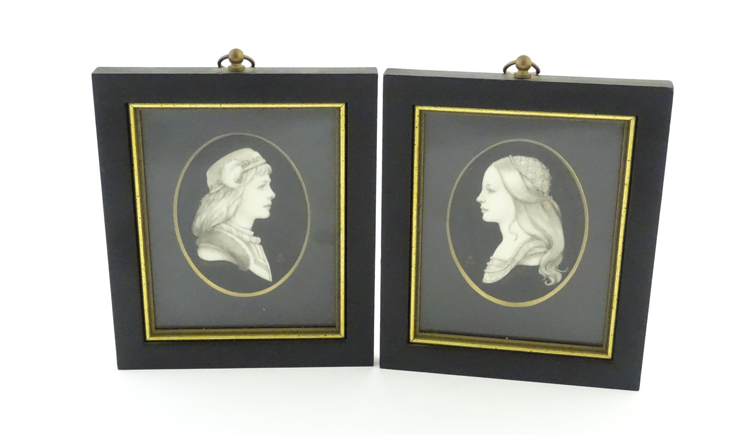 A pair of 21stC watercolour portrait miniatures depicting Romeo & Juliet. Both signed with monogram,