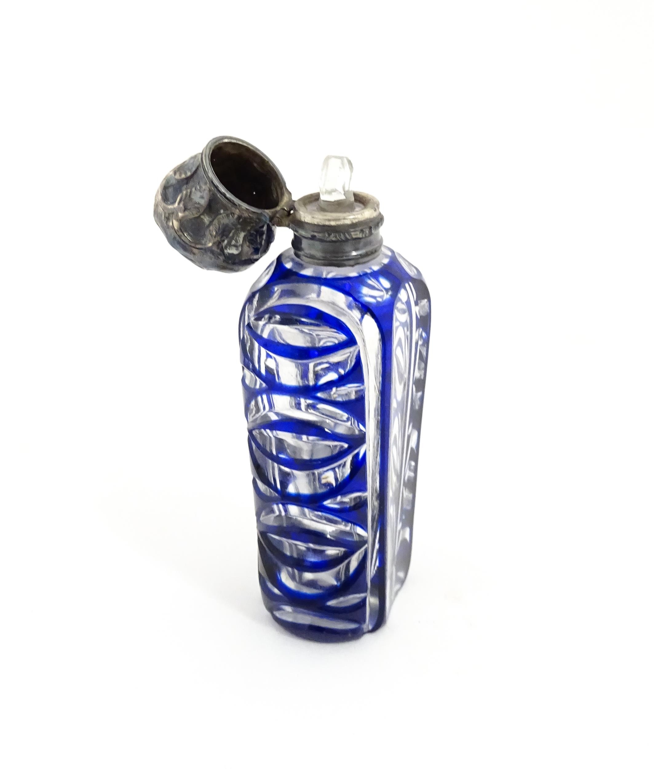 A glass scent / perfume bottle with blue flash cut decoration. Together with a Bristol blue coloured - Image 4 of 13