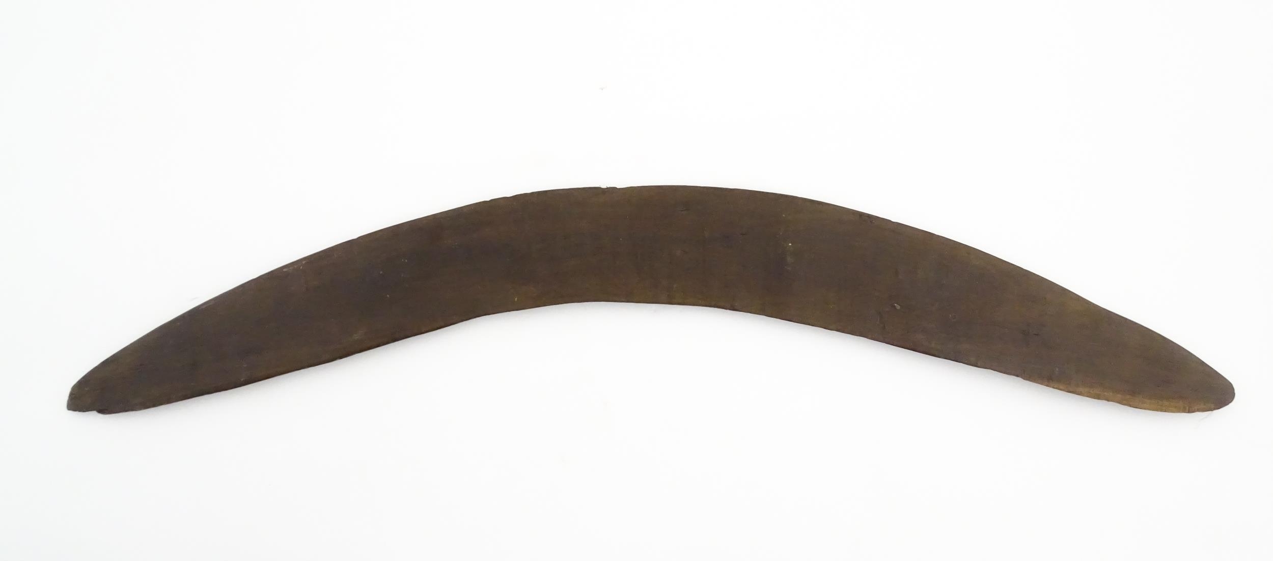 Ethnographic / Native / Tribal : A large Australian carved wooden boomerang with engraved decoration - Image 2 of 8