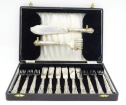 A cased set of six silver handled fish knives and forks with fish servers hallmarked Sheffield 1938,