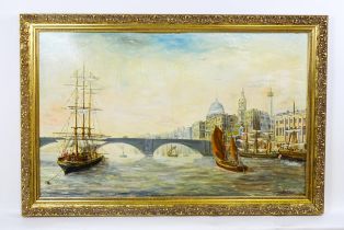 Delgreen, 20th century, Oil on board, Shipping / boats on the River Thames with a view of St Paul'