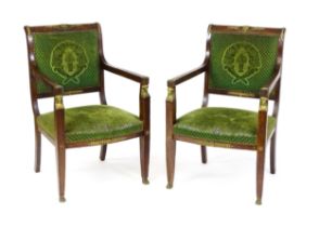 A pair of 19thC Empire armchair with brass neo classical style mounts including lozenges, masks
