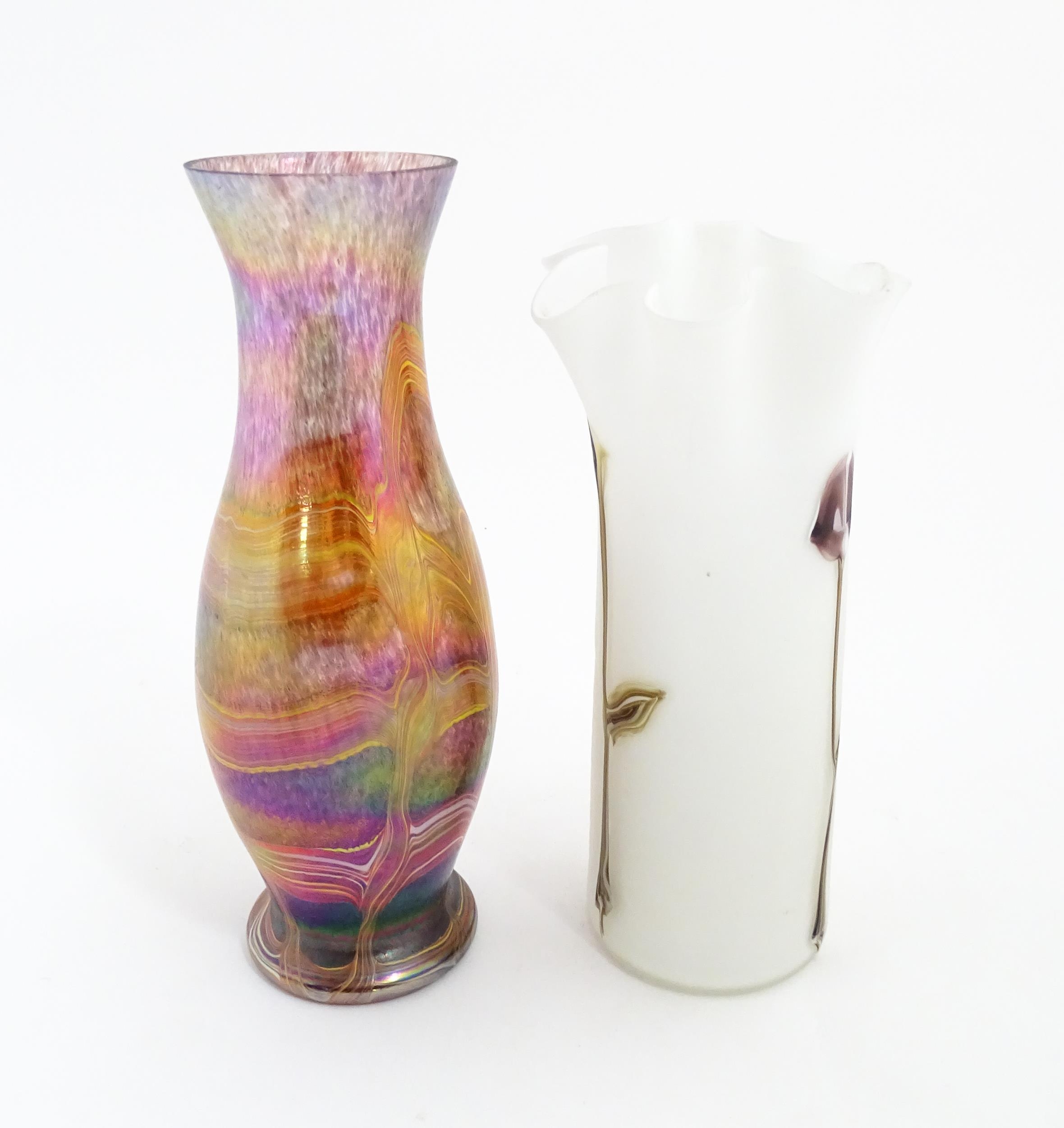 A milk glass vase with calla lily detail. Together with a vase decoration decorated in the Favrile - Image 3 of 6