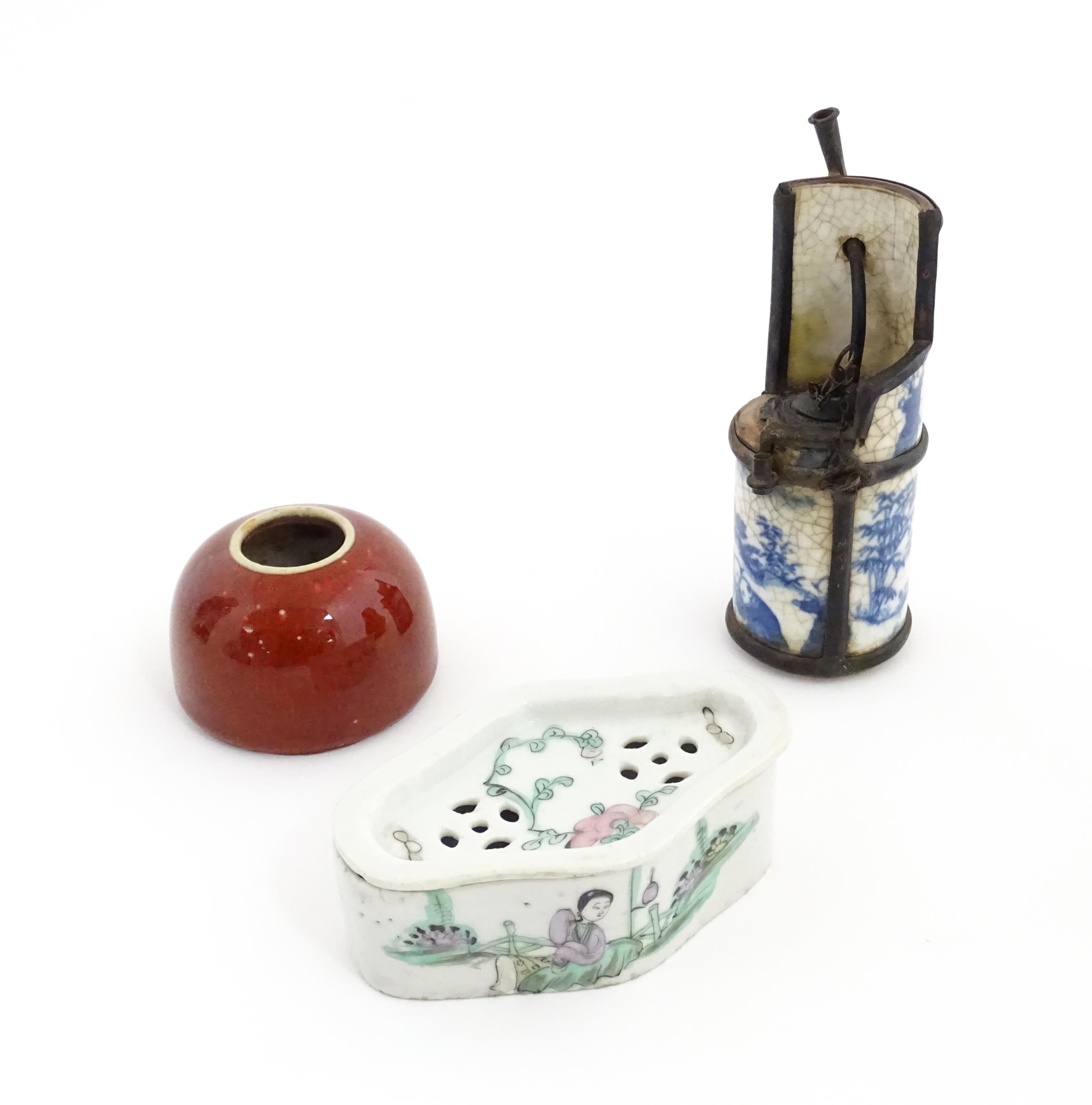 Three Chinese items comprising a cricket box decorated with a figure, flowers and Character - Image 3 of 27