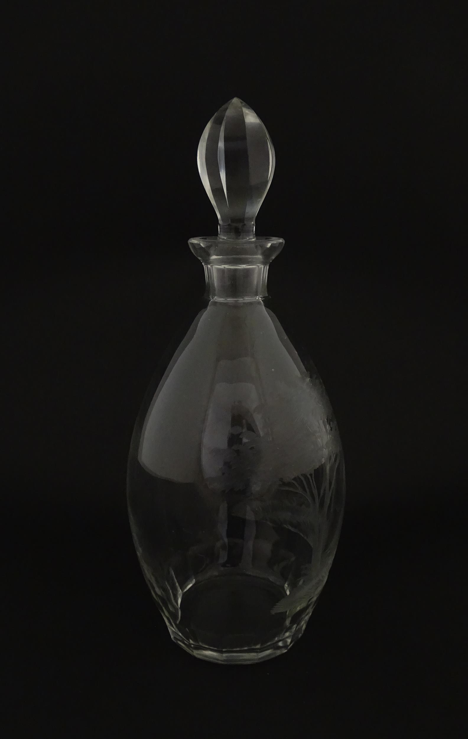 A Rowland Ward glass decanter with engraved Safari animal detail. Unsigned Approx. 11 1/4" high - Image 8 of 10