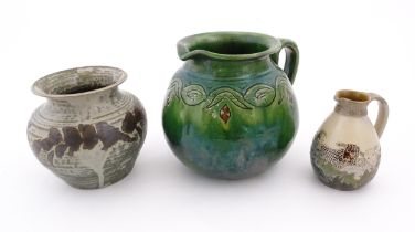 Three assorted studio pottery items comprising a Spanish jug with banded detail marked Gongora