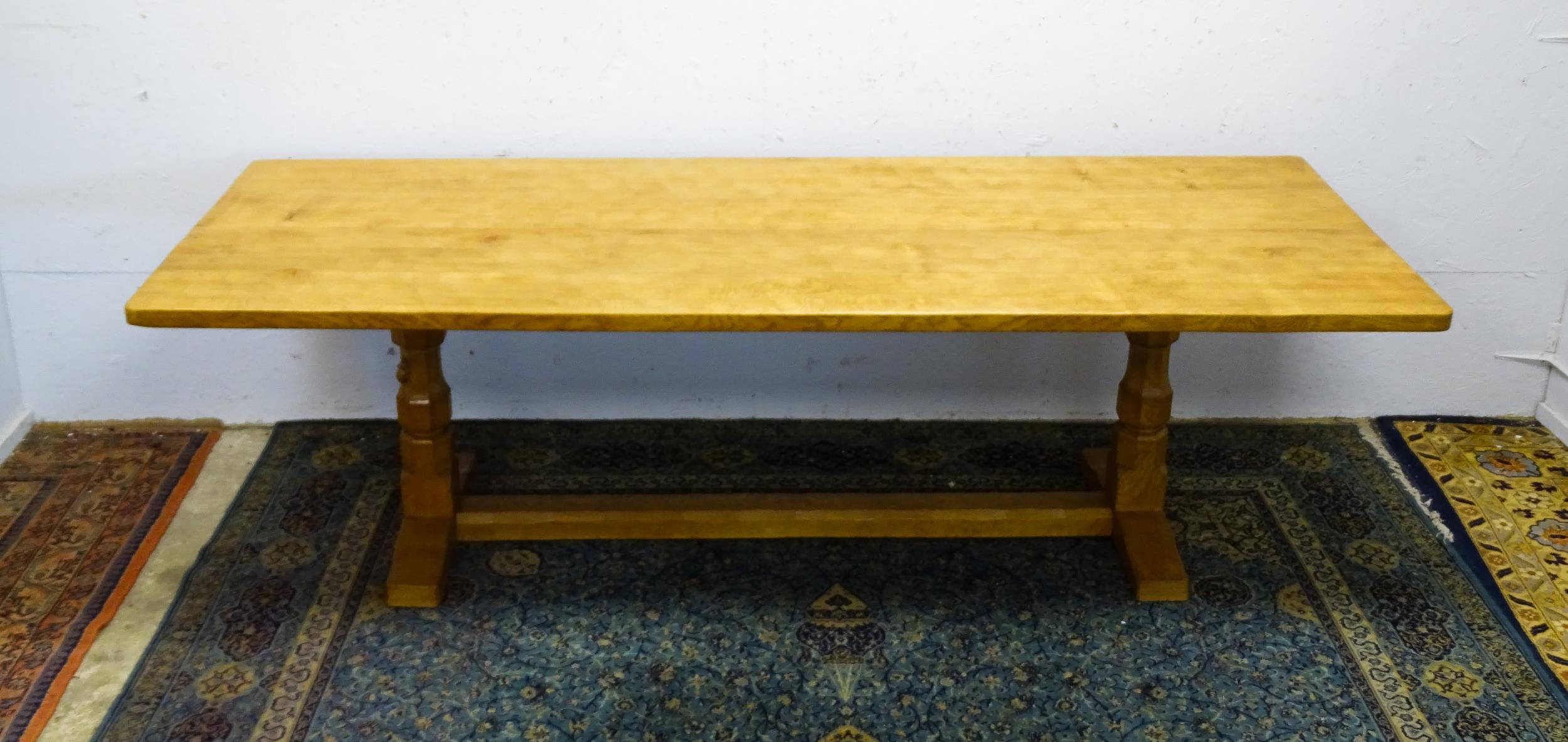 A mid 20thC Robert 'Mouseman' Thompson dining table. The 8ft long oak table top with an adzed finish - Image 17 of 22