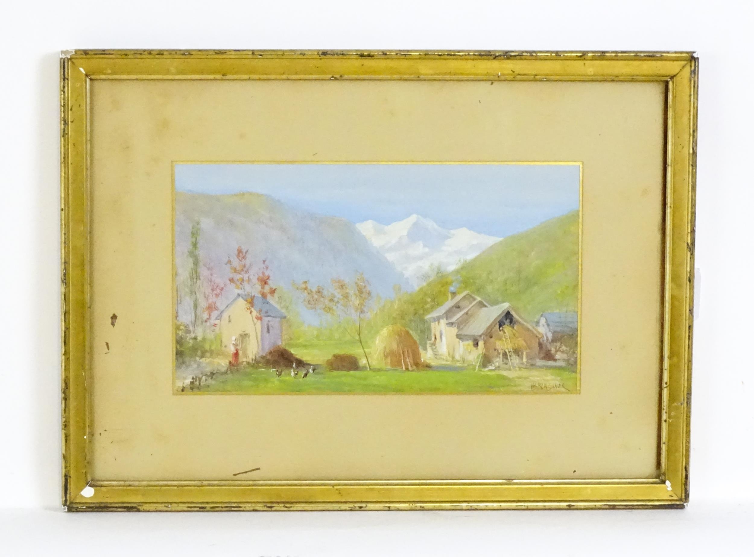 Bringuier, Early 20th century, Watercolour, A Swiss farm scene with figures, chickens and hay stook,