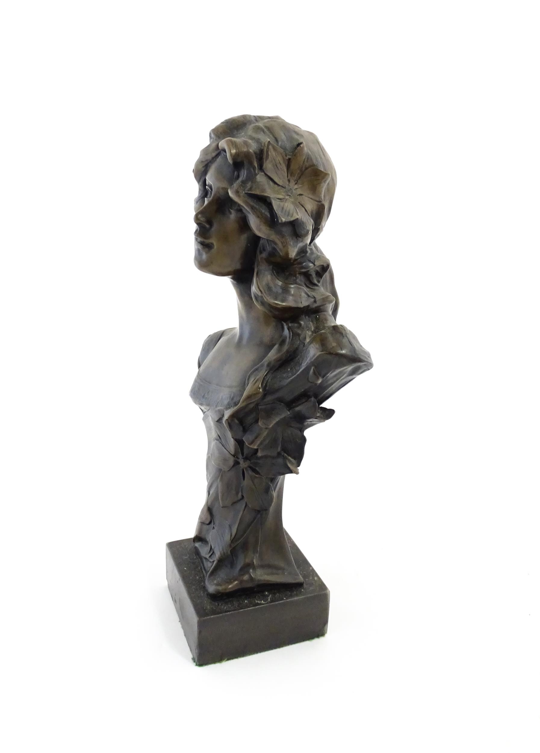 A 20thC cast bust depicting an young lady in the Art Nouveau style after Emmanuel Villanis. - Image 5 of 7