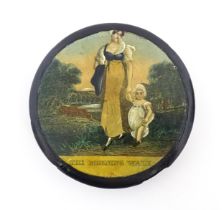 A 19thC papier mache lacquered snuff box of circular form, the lid with applied engraving titled The