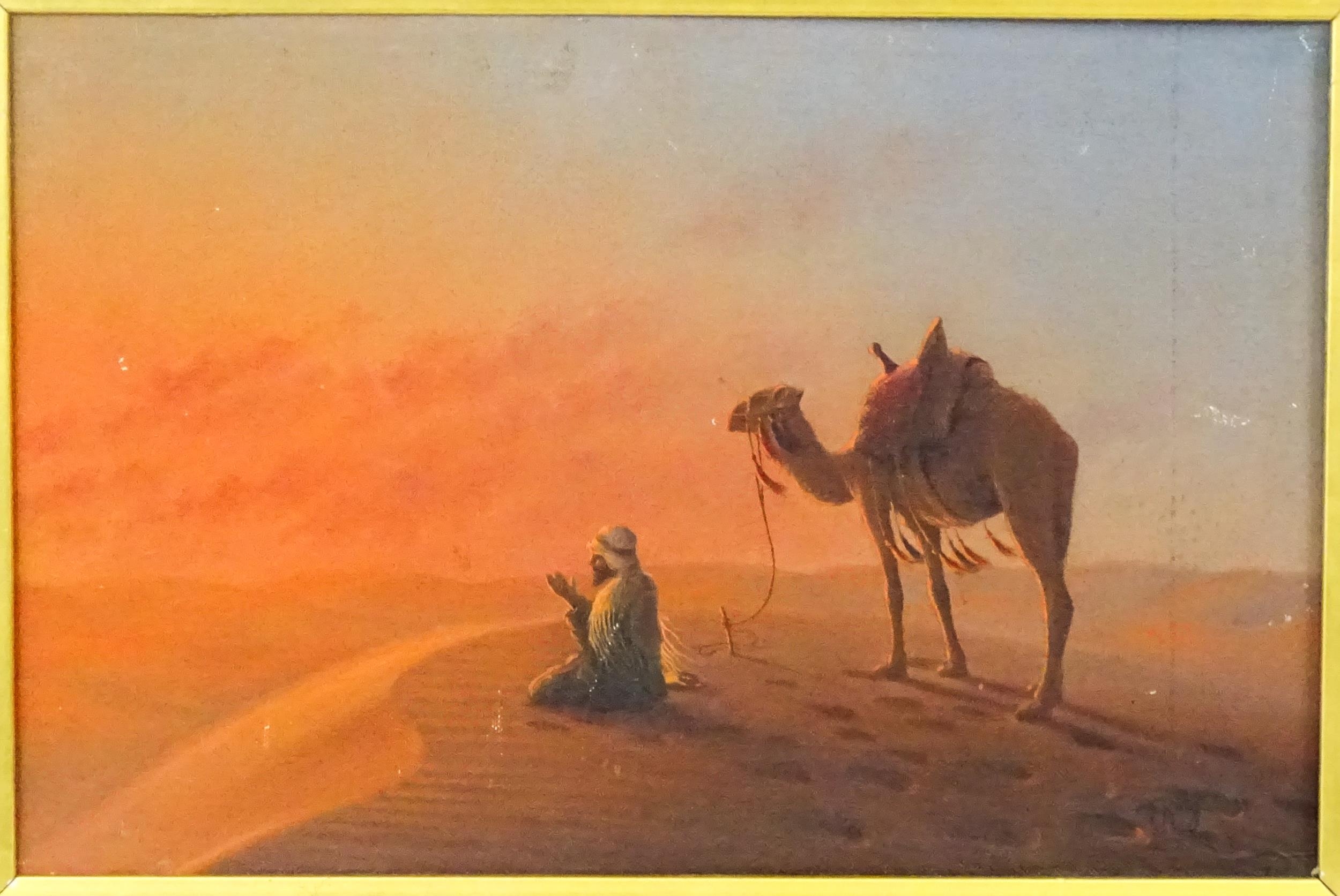 Chimchidian Haig, Early 20th century, Oil on canvas board, A sunset dessert scene with a figure at - Image 3 of 4