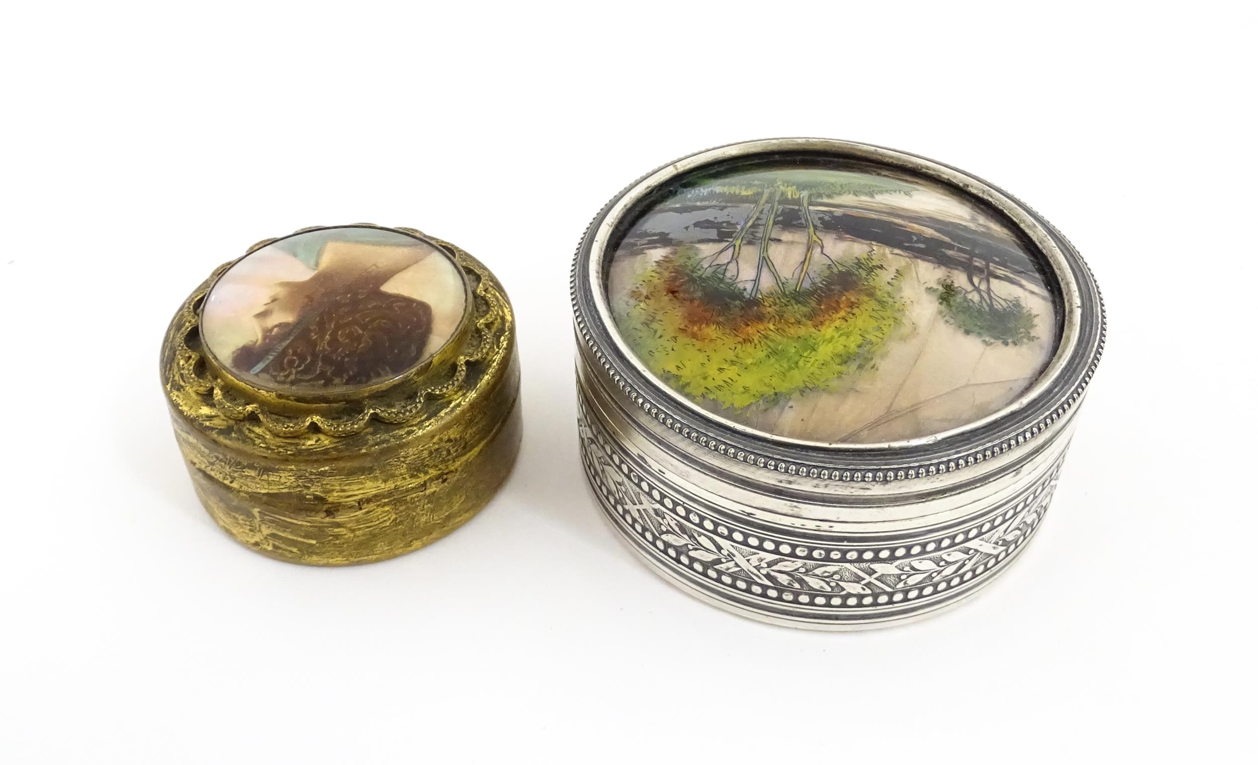 A 20thC silver plate pot and cover of circular form, the lid decorated with trees and river scene - Image 6 of 7