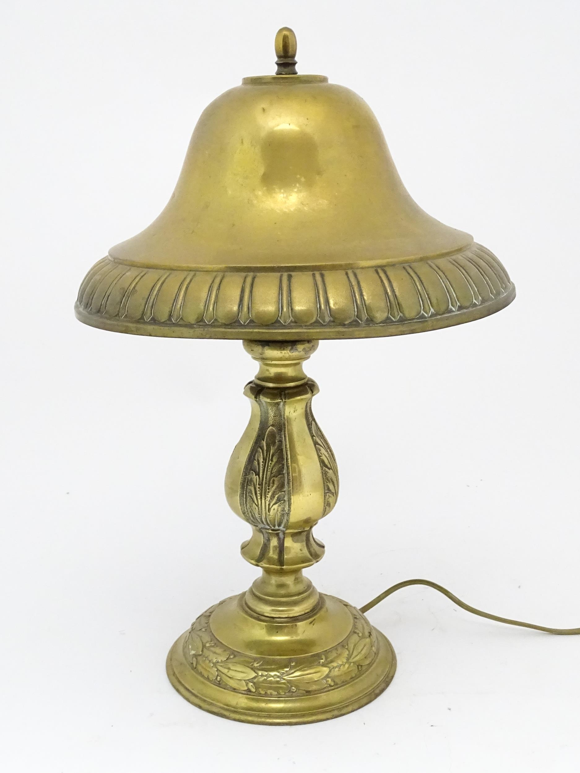 A 20thC brass table lamp with foliate detail and brass domed shade. Approx. 17" high Please Note - - Image 7 of 15