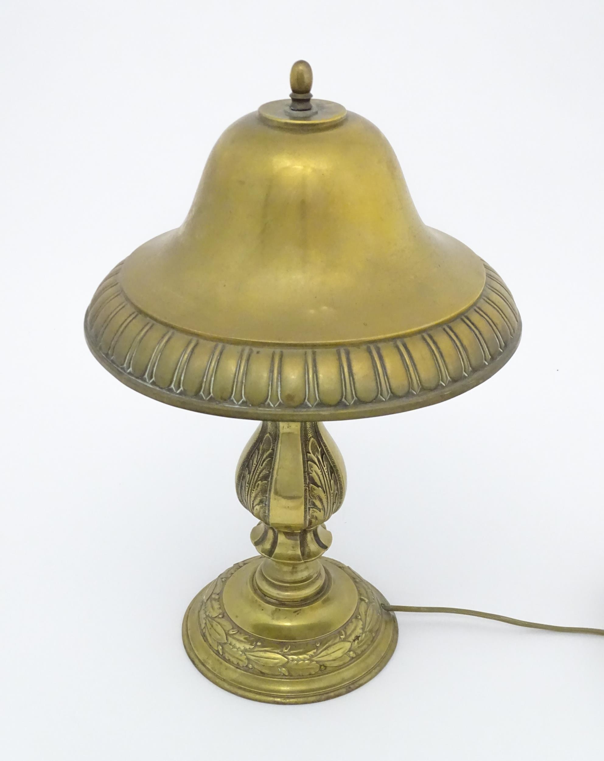 A 20thC brass table lamp with foliate detail and brass domed shade. Approx. 17" high Please Note - - Image 6 of 15