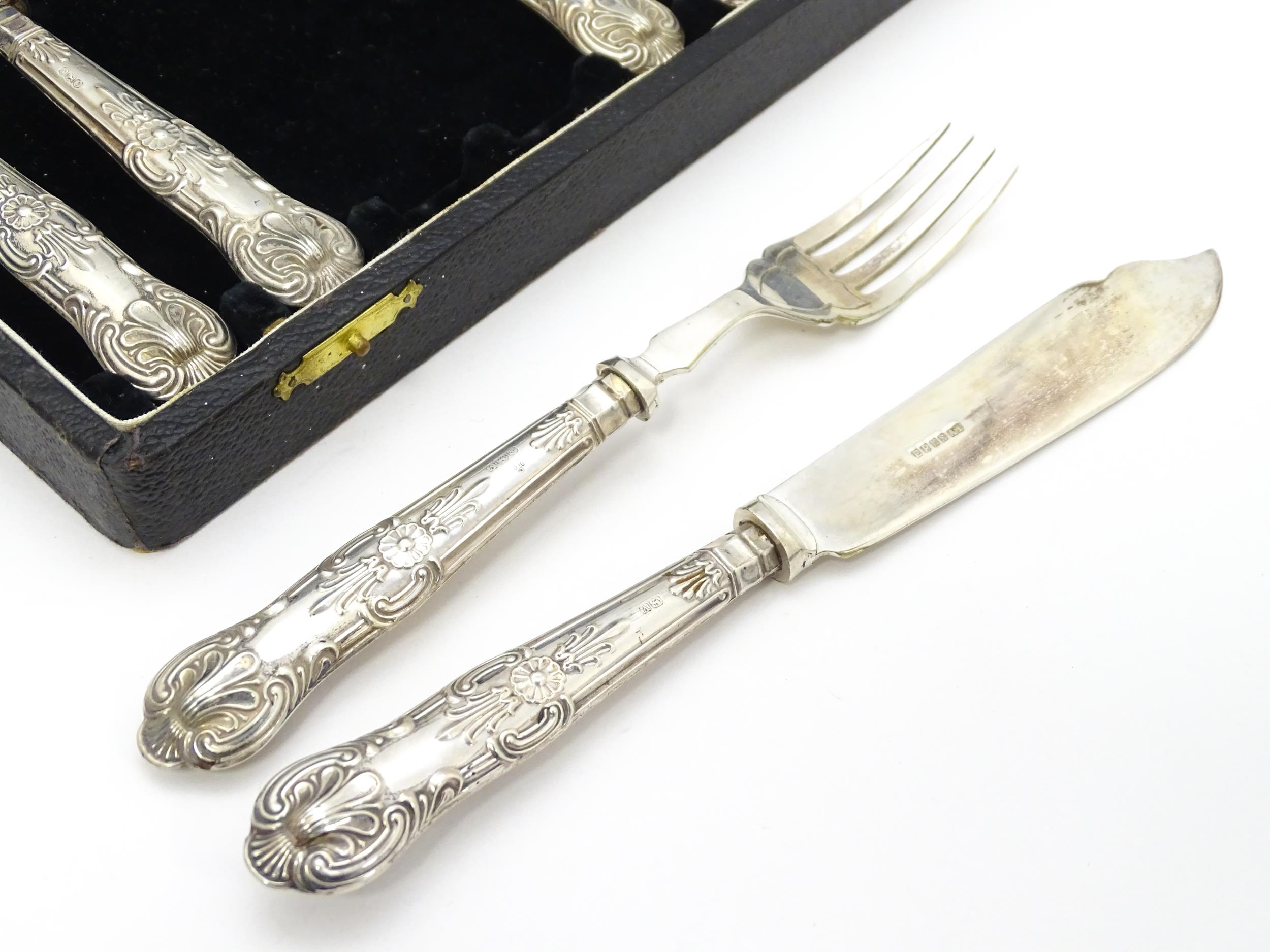 A cased set of six silver handled fish knives and forks with fish servers hallmarked Sheffield 1938, - Image 5 of 12