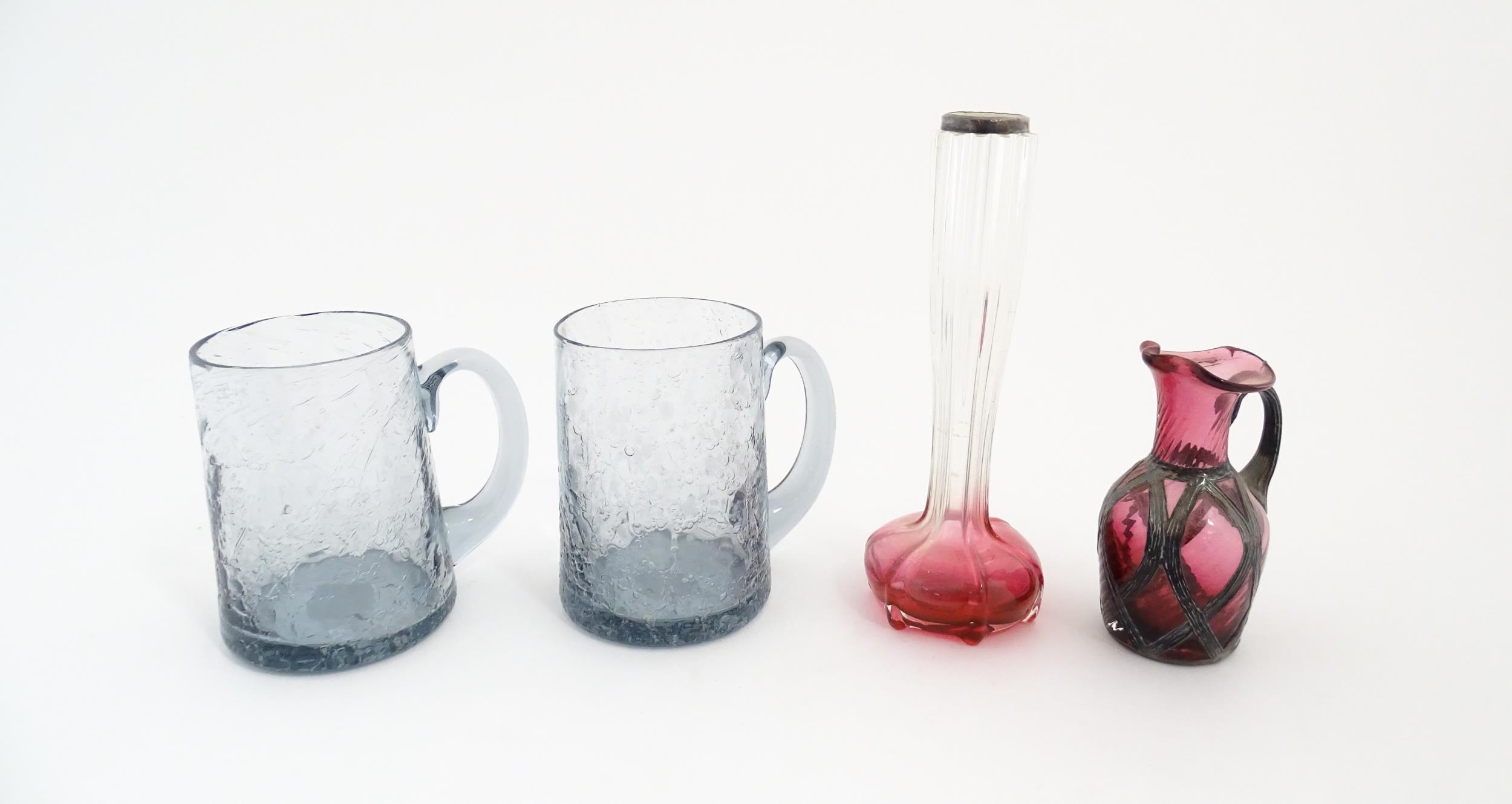 A pair of glass mugs / tankards together with an Art Nouveau cranberry to clear glass bud vase - Image 4 of 8