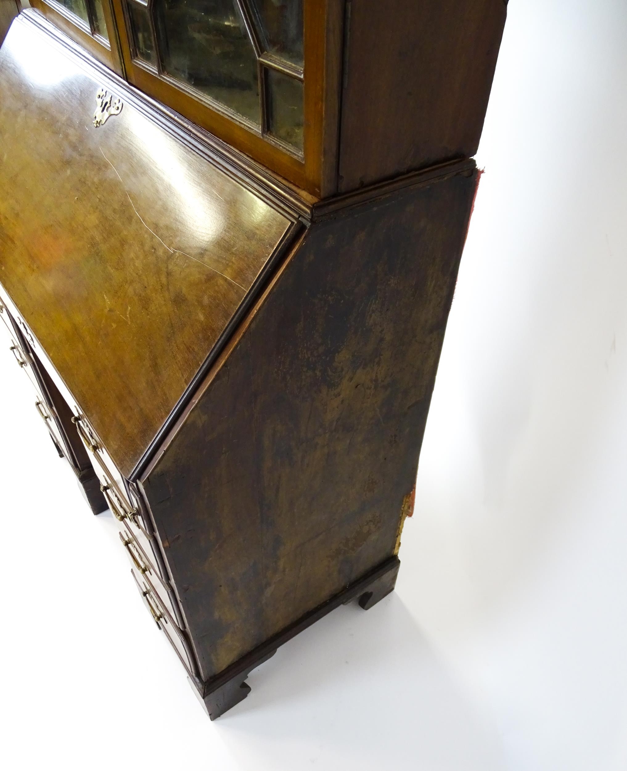 A Georgian mahogany bureau bookcase, with a moulded top above two astragal glazed doors and a fall - Image 7 of 11