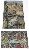 Two 20thC Continental tapestries one depicting sheep grazing with town beyond, the other depicting a