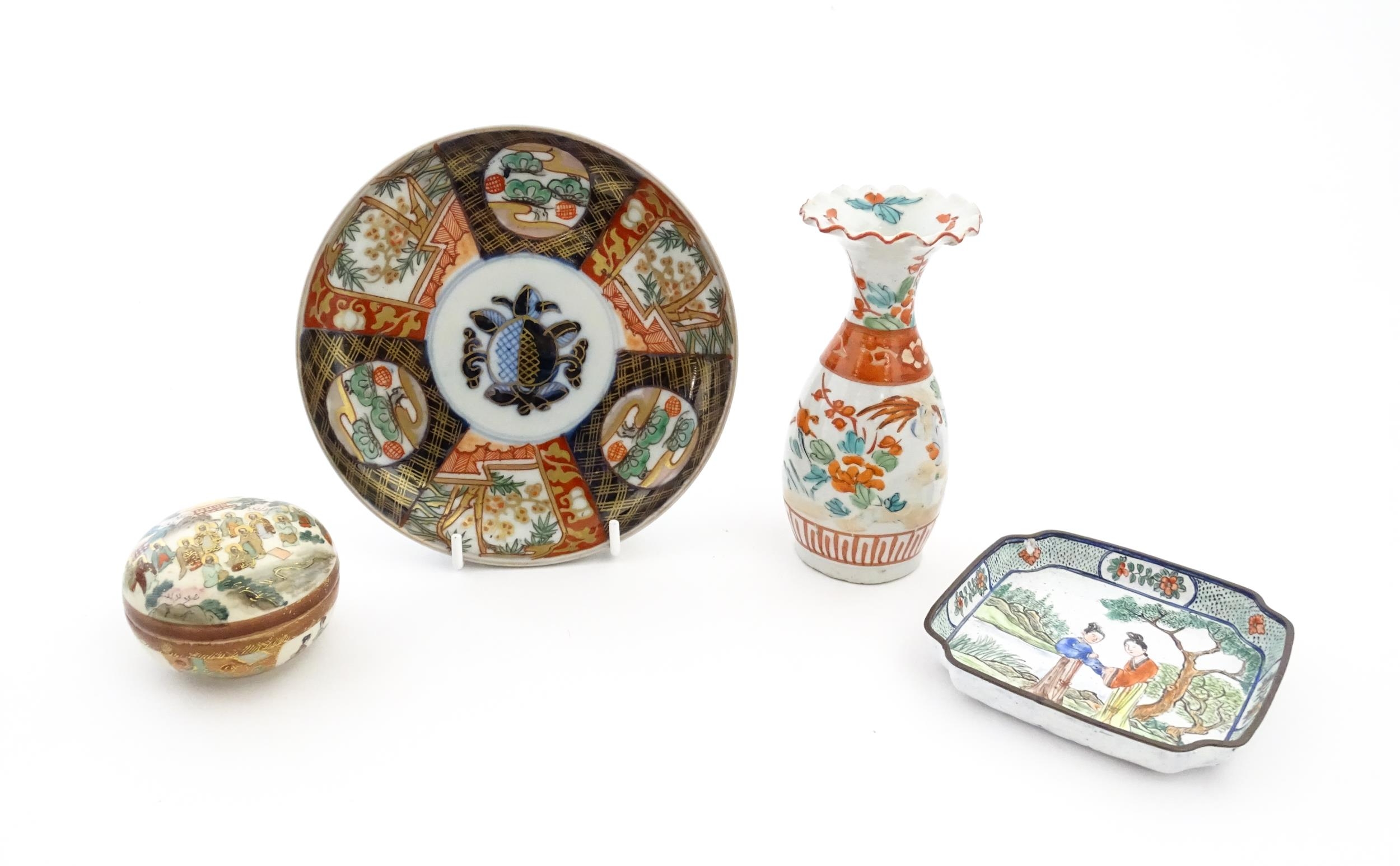 Four Oriental items comprising a dish decorated in the Imari palette, a Japanese Satsuma pot and - Image 3 of 13