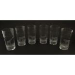 Six Rowland Ward highball glasses with engraved Safari animal detail. Unsigned. Approx. 5 1/2"