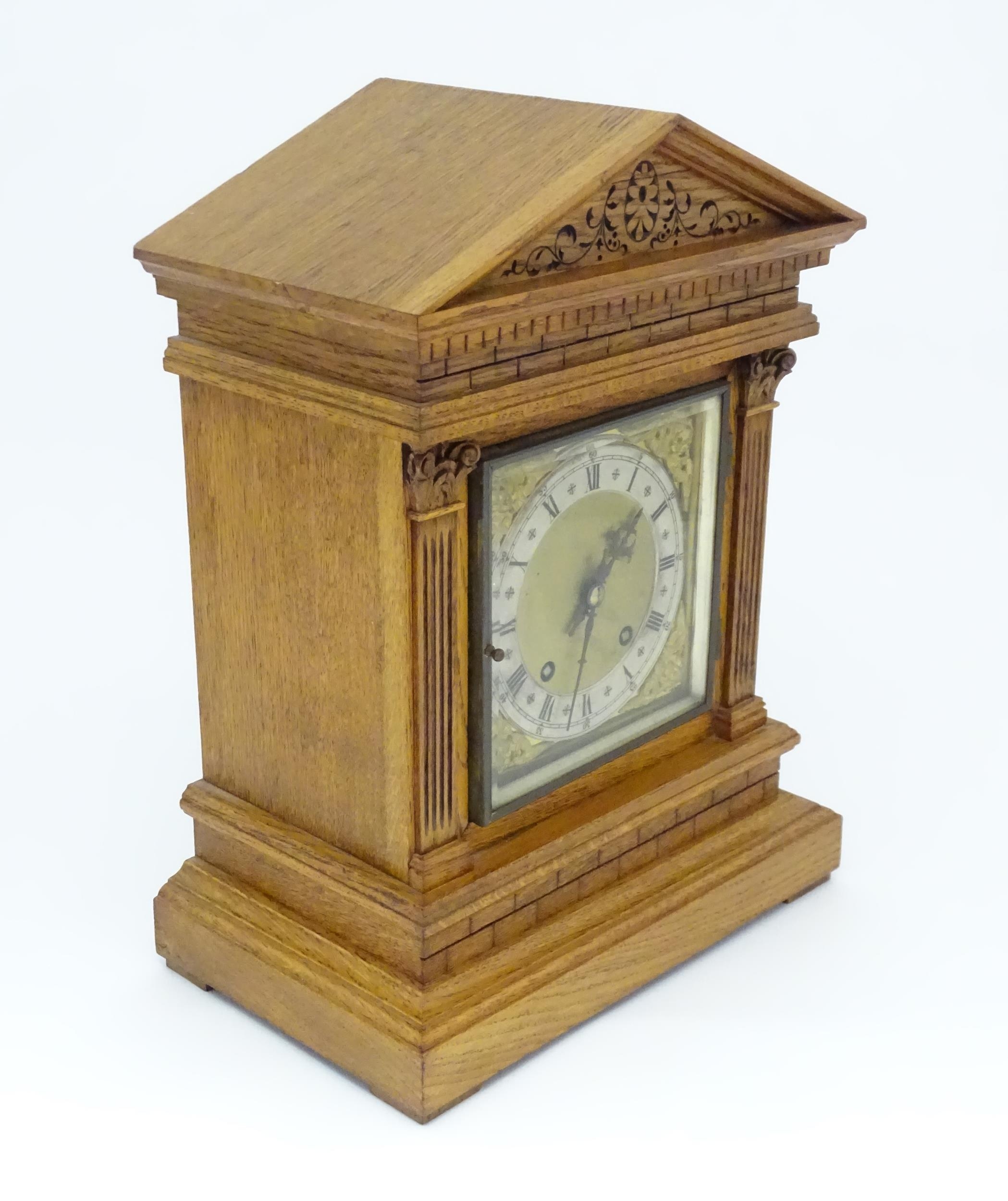 A 19thC German oak cased mantle clock by Winterhalder & Hofmeier, having a silvered chapter ring, - Image 5 of 9