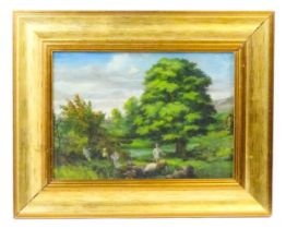 20th century, Oil on board, A summer scene in a wooded garden with figures. Approx. 9 1/4" x 13"