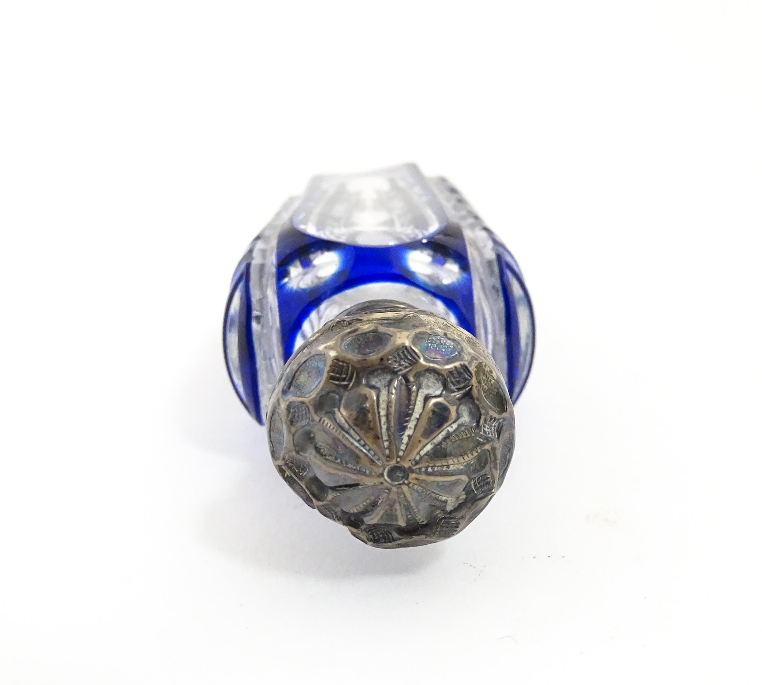 A glass scent / perfume bottle with blue flash cut decoration. Together with a Bristol blue coloured - Image 7 of 13