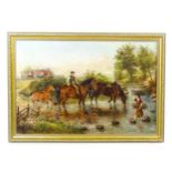 Edwin Frederick Holt (1865-1895), Oil on canvas, Horses and rider crossing a river, with a young