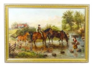 Edwin Frederick Holt (1865-1895), Oil on canvas, Horses and rider crossing a river, with a young