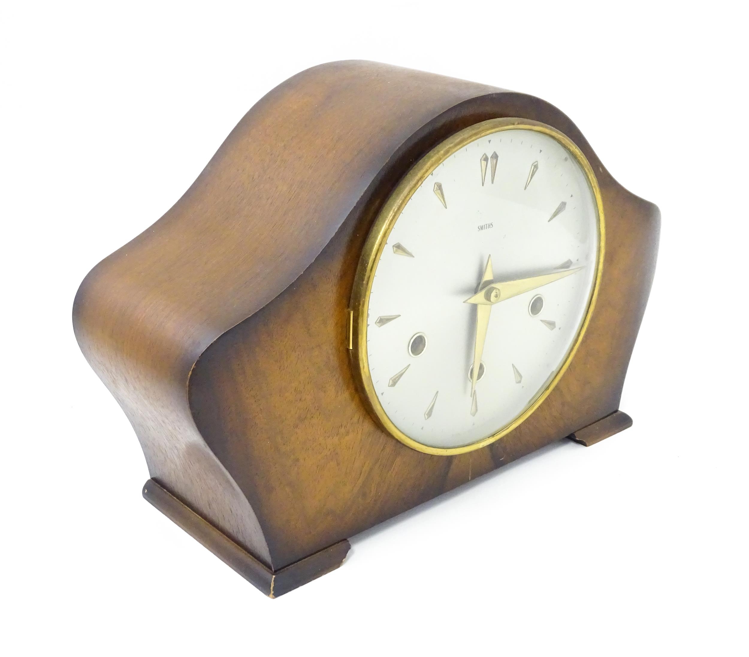 A 20thC smiths walnut cased mantle clock with chiming movement. Approx. 8" high Please Note - we - Image 3 of 9