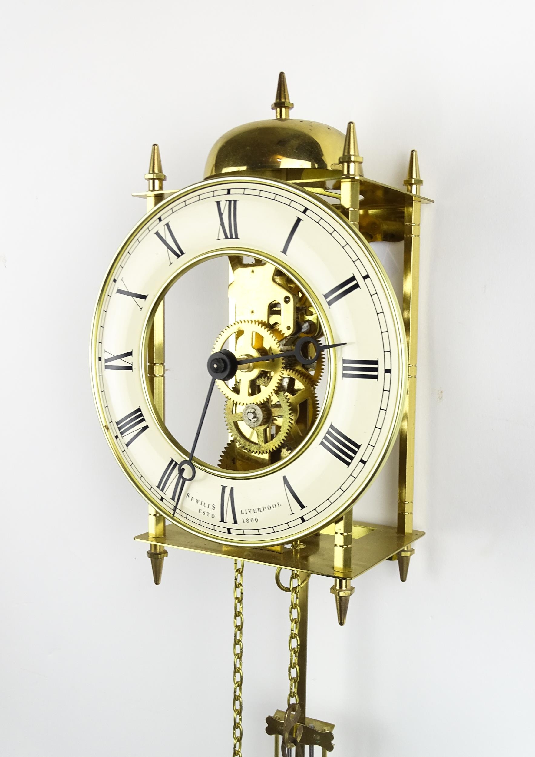 A late 20thC Sewills of Liverpool brass cased skeleton lantern wall clock, circular dial with - Image 3 of 7