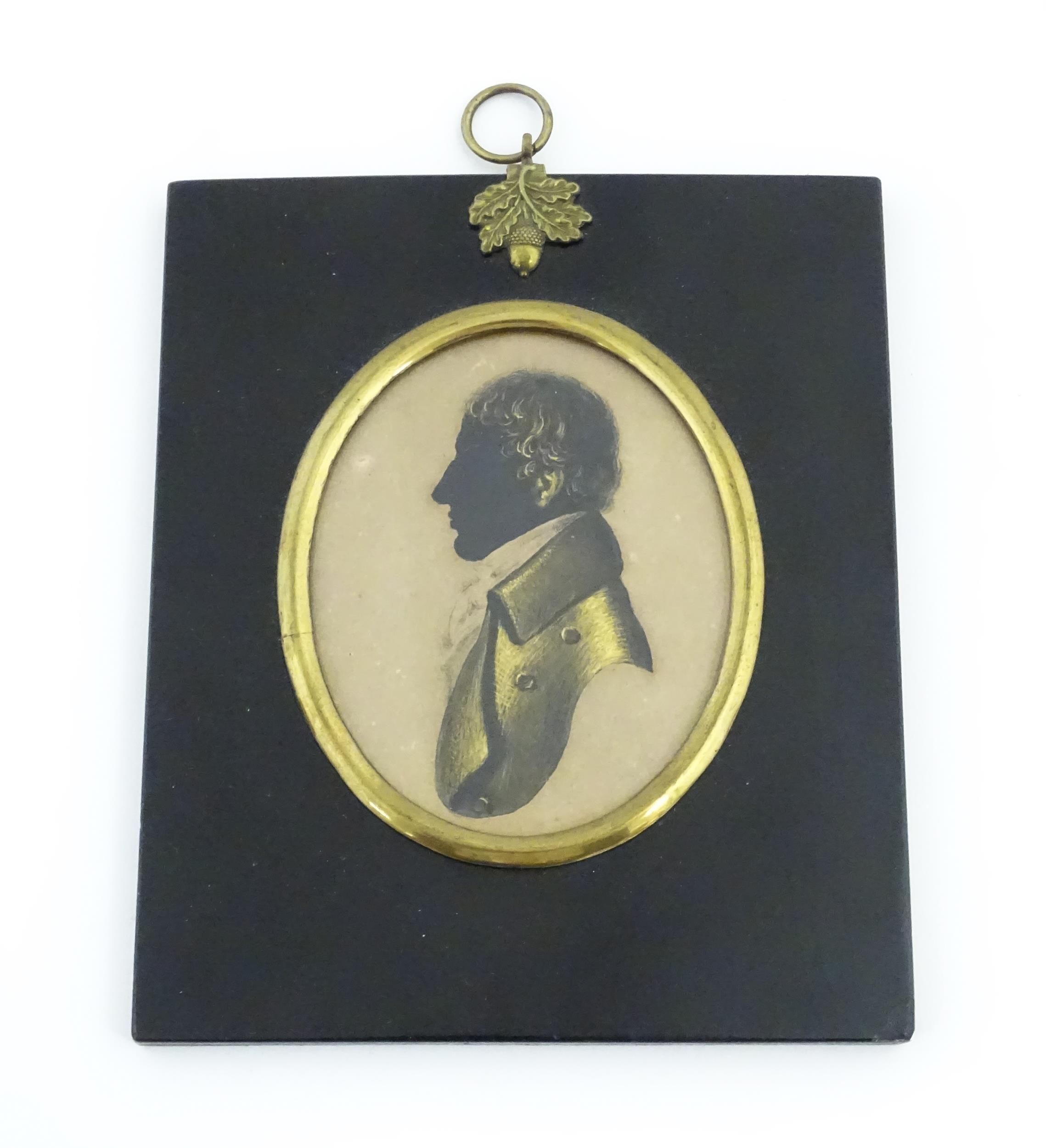 A 19thC silhouette portrait miniature depicting Charles Lamb, aged 23, with gilt highlights, after - Image 3 of 6