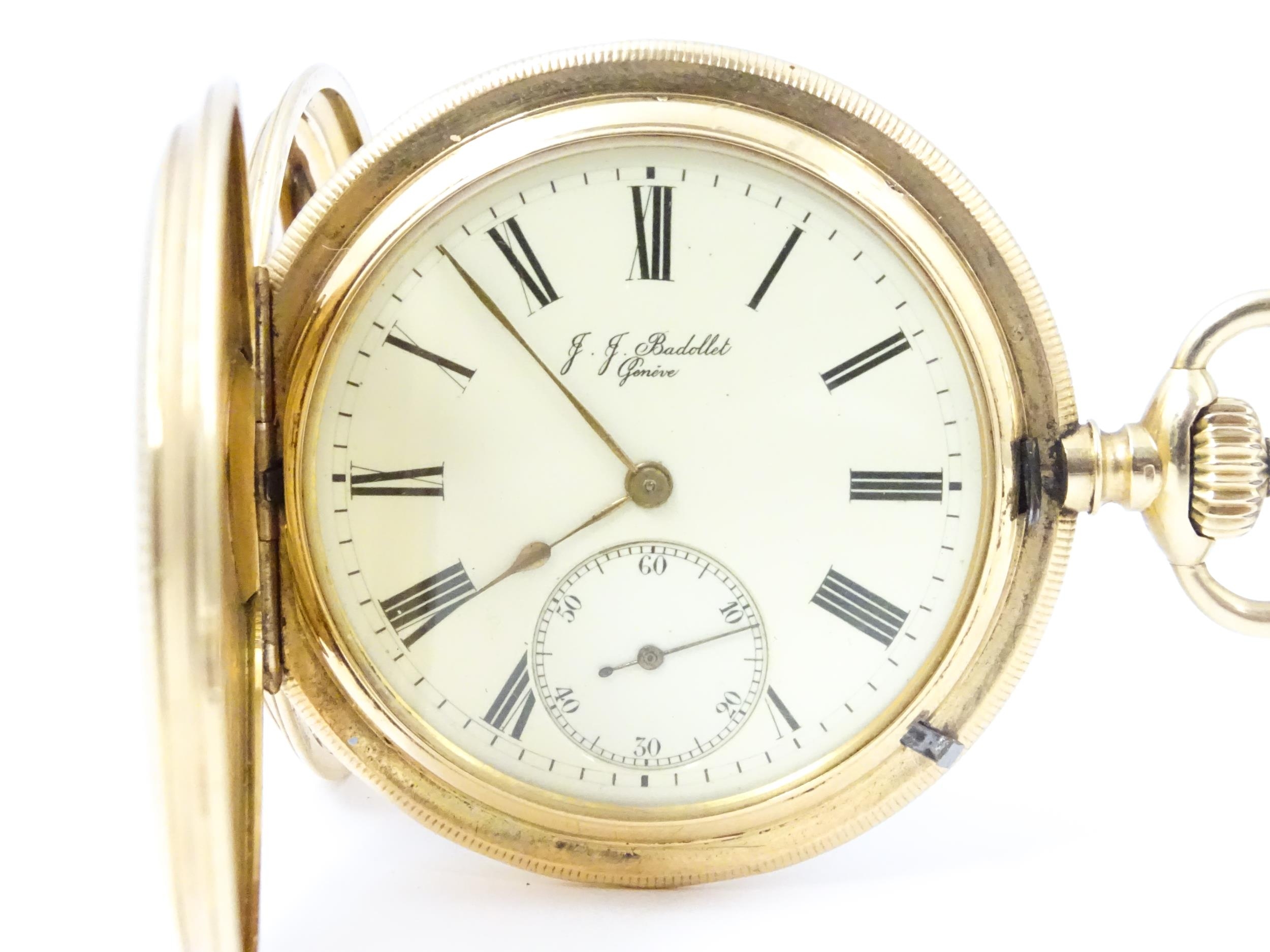 A 14ct gold pocket watch by J. J. Badollet of Geneva, The top wind watch with full hunter case