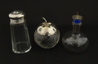 A panel cut glass sugar caster with silver top hallmarked Birmingham 1912. Together with a cut glass
