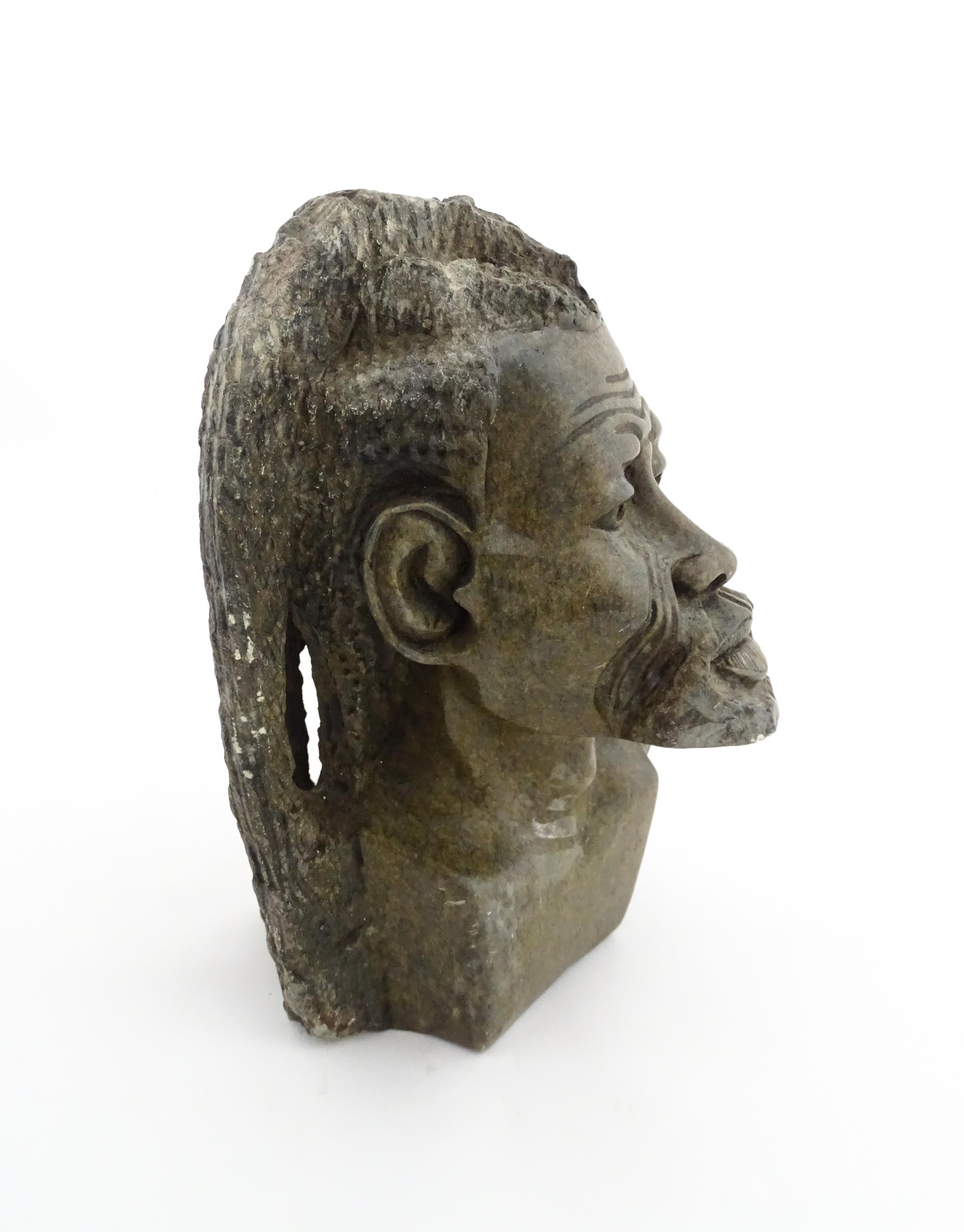 Ethnographic / Native / Tribal : An African carved soapstone bust modelled as a man with dreadlocks. - Image 3 of 7