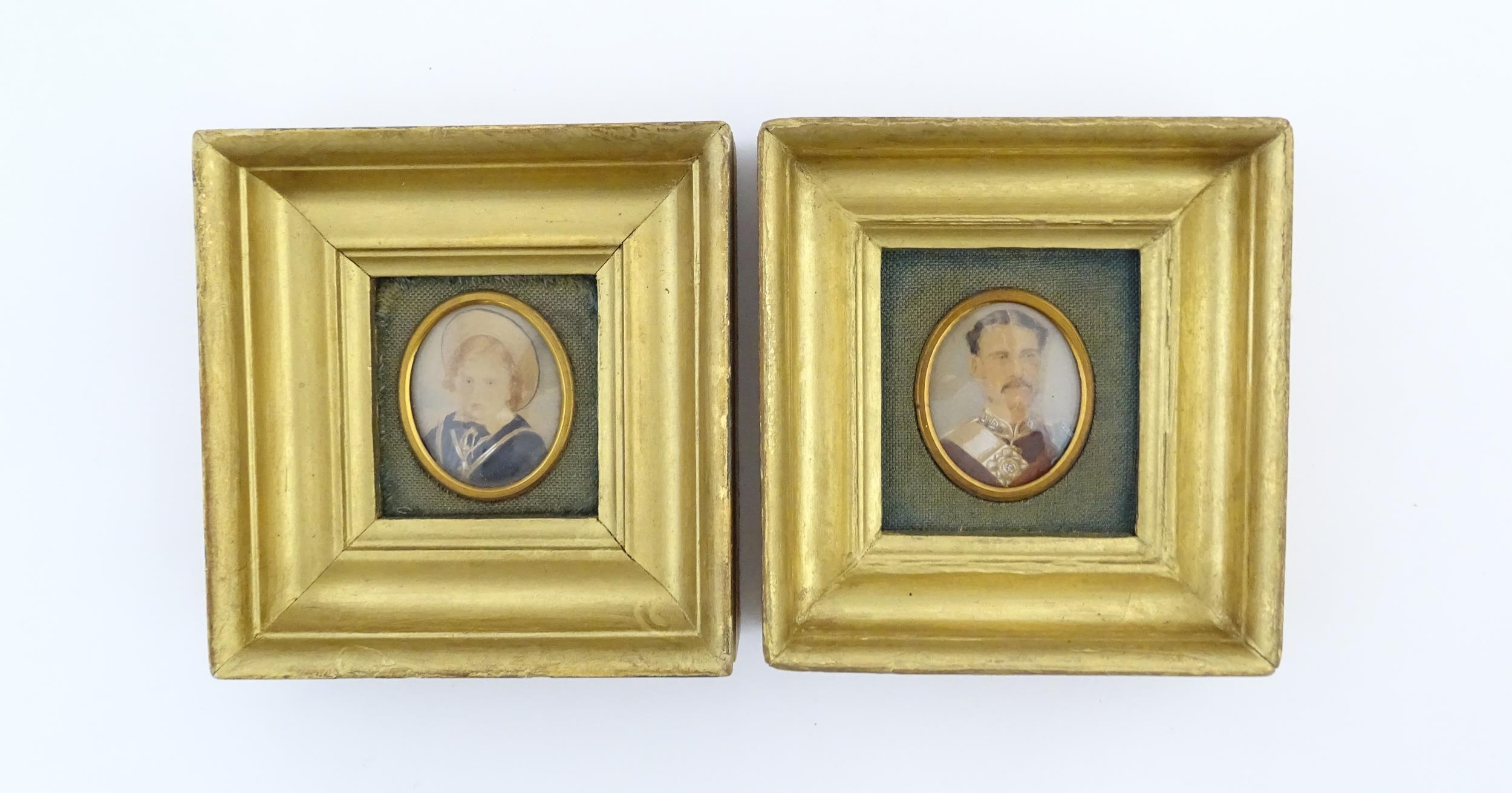 Two 19thC watercolour portrait miniatures, one depicting a gentleman wearing military dress, the - Image 7 of 14