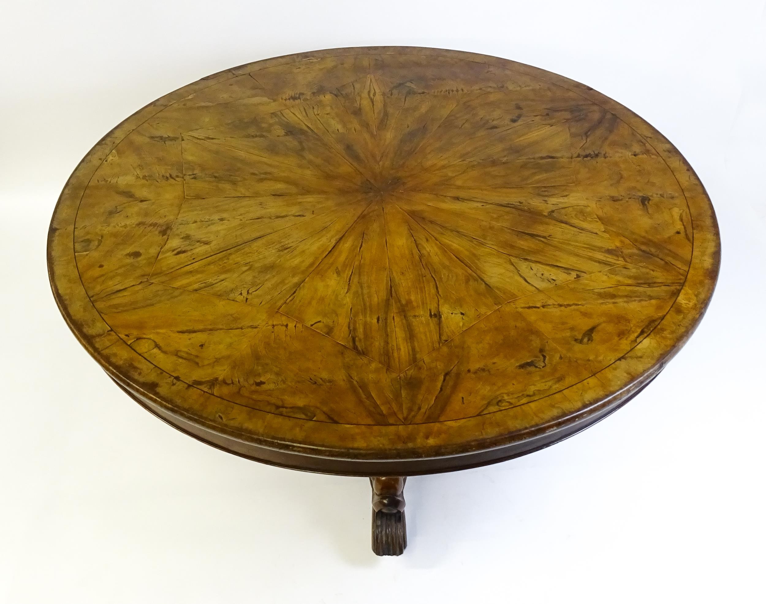 A 19thC dining table with an olive wood veneered circular top raised on a rosewood pedestal with - Image 15 of 15