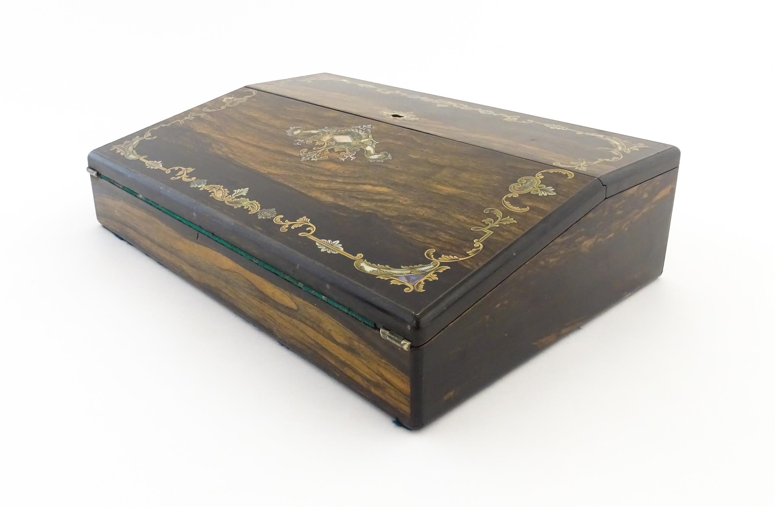 A Victorian coromandel writing box / slope with inlaid brass, mother of pearl and abalone